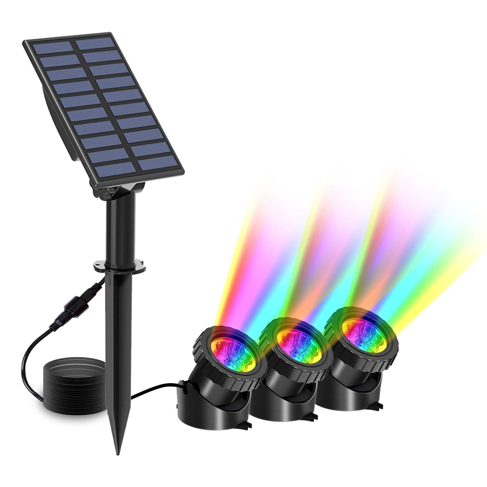T-SUN Solar Pond Lights, 3 in 1 RGB Color Changing, Waterproof LED Spotlights for Garden, Yard, Pool, Fountain, 3 Head Lamp