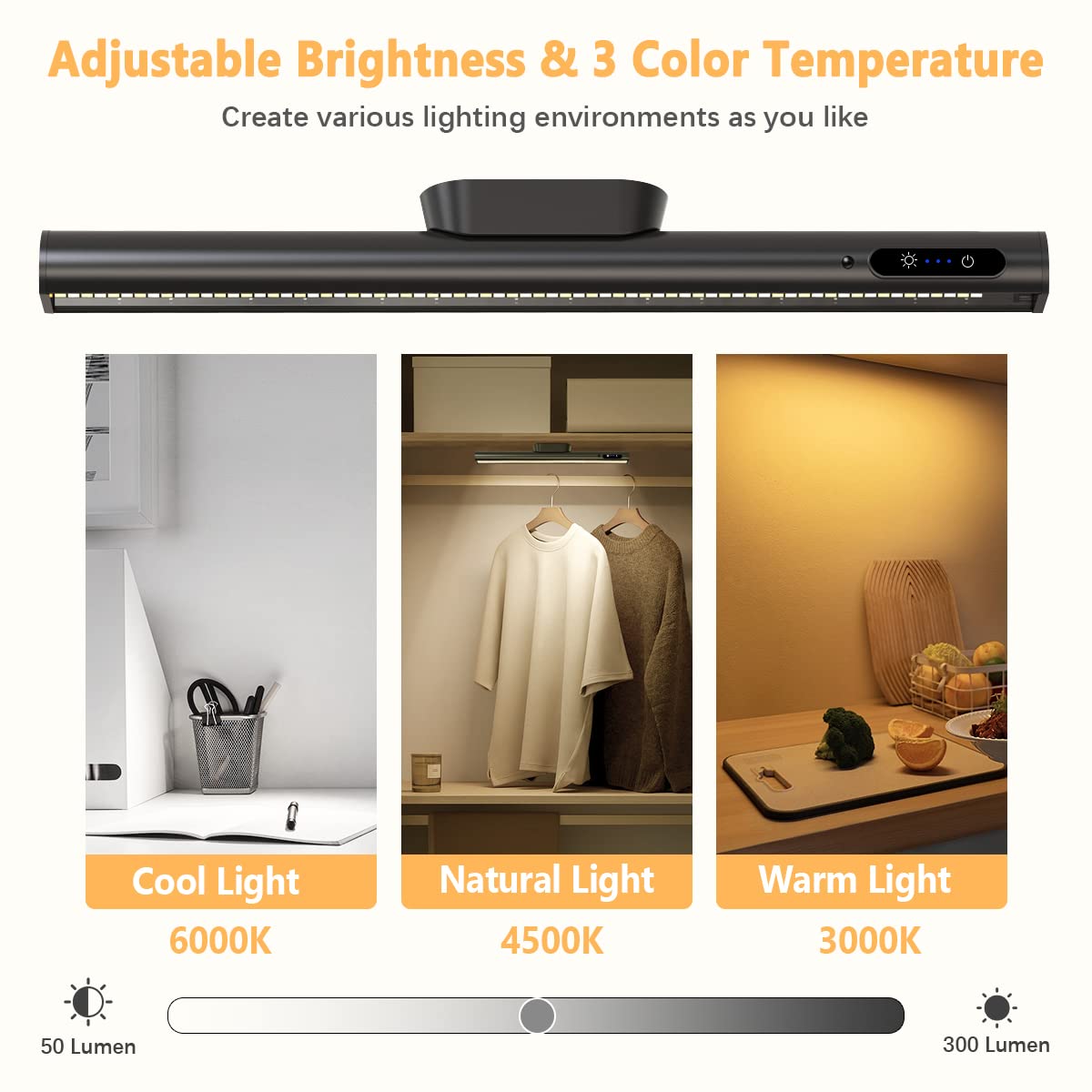 Hapfish Rechargeable Magnetic LED Wall Strip Lights, Dimmable Black Light Bar, Model YZYK350-BK01, Under Cabinet Lighting