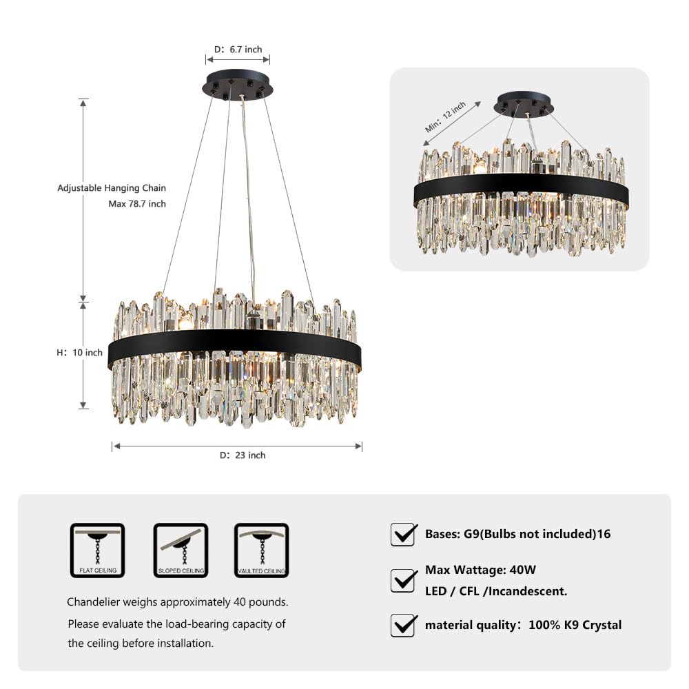 Lizztree Black Modern Oval Crystal Chandelier, 24-Lights Luxury Chandeliers 2-Tiers K9 Crystal Chandelier Pendant, Light Fixture