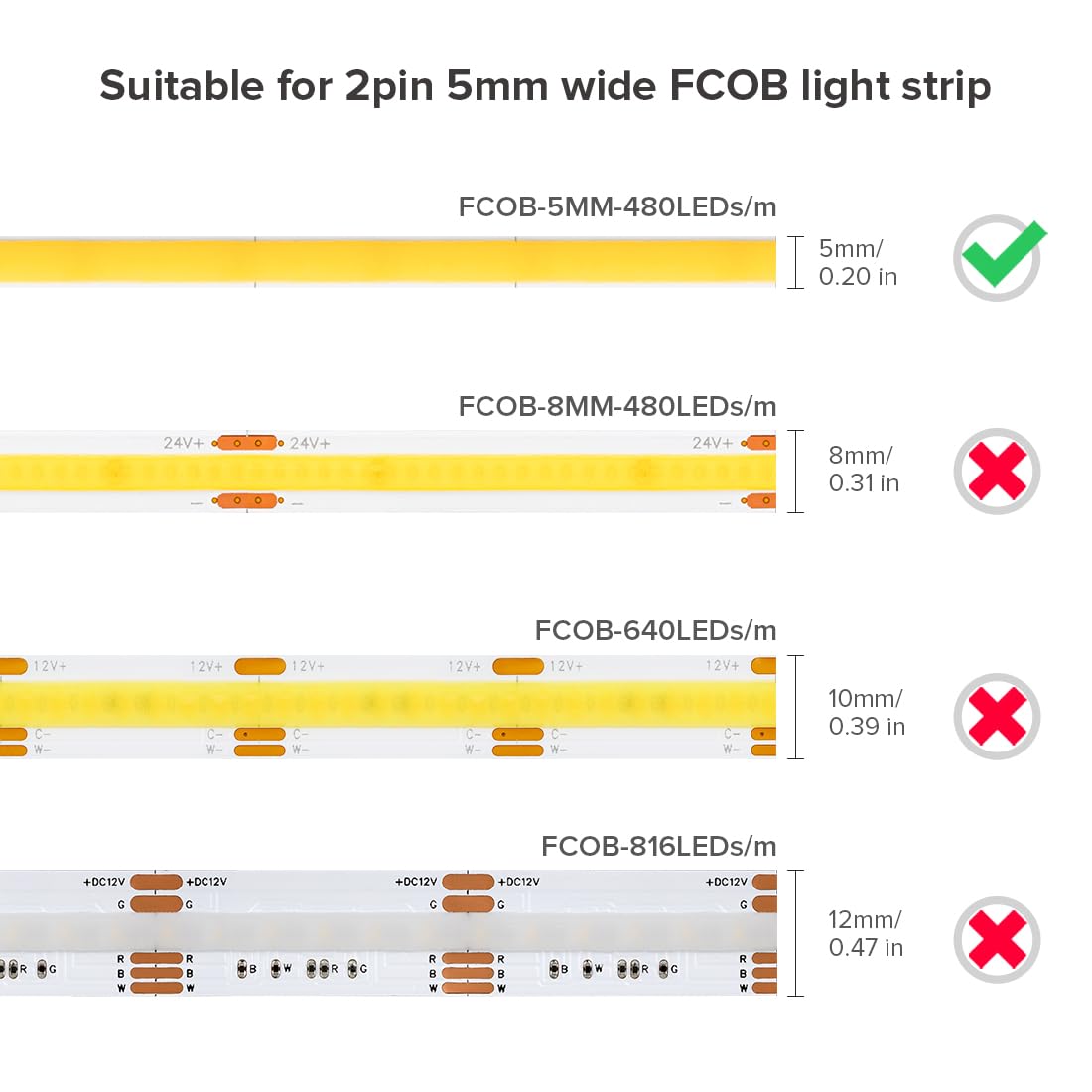 Fcob Cob 5Mm/0.19In Width Led Strip Connector Kit 6Pcs 2 Pin Transparent Gapless L-Shaped Connectors 5Mm Pwm Single Color +V -V