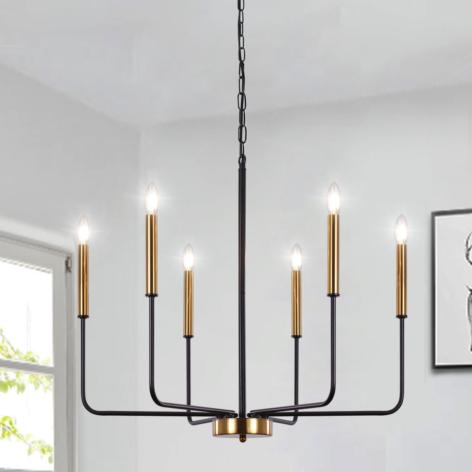 ETONIMERR Modern Farmhouse Chandelier Light Fixture Ceiling Hanging, 6-Light Black and Gold Industrial Chandelier for Dining Roo