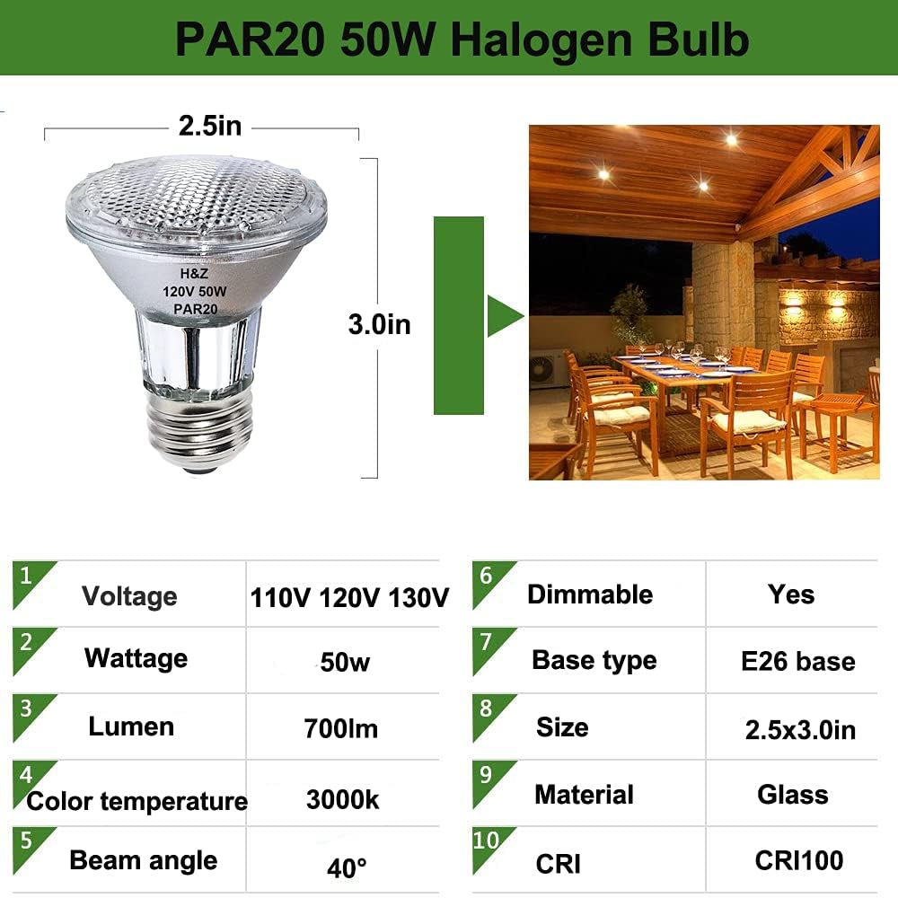 H&Z Par20 Bulbs 50W Range Hood Light Bulbs, 6Pcs Par20 50W 120V Flood Light Bulbs, Dimmable, High Brightness & Cri100, E26 Base,