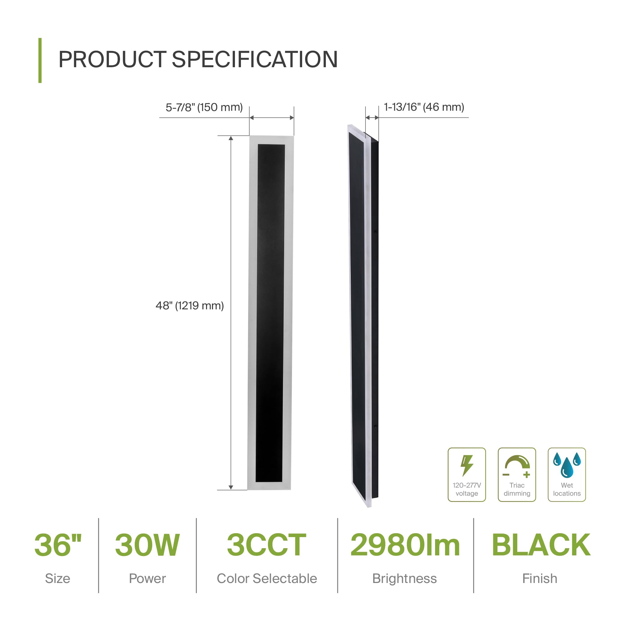 ASD LED Wall Light Fixture 36W 2980LM 3000K-5000K 48 Inch Black Model A-LWS27A-48D36BK Dimmable Waterproof Acrylic