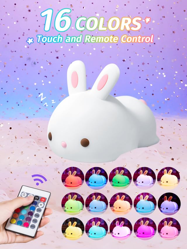 Mubarek Bunny Night Light for Kids - 16 Colors, Remote Control, Dimmable, 1800mAh, 100% Safe Lamp