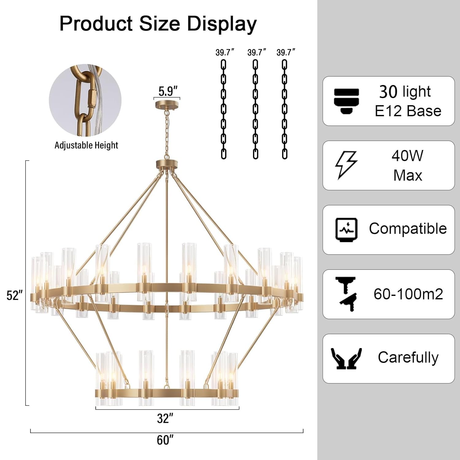Yiosi 30-Lights Gold Chandelier,Wagon Wheel Chandelier With Glass Shade,60 Inch Large Round Industrial High Ceilings Pendant Lig