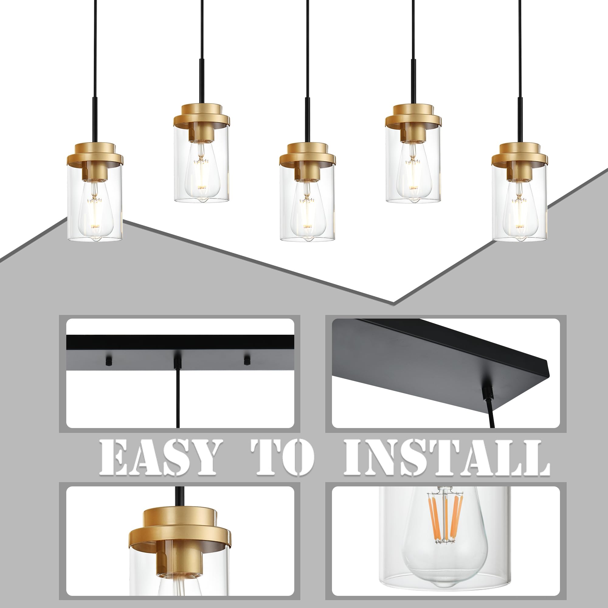 Melucee 5-Lights Adjustable Pendant Light, Black Brass, Modern Chandelier For Dining Room, 40.1 Inches, Clear Glass Shade, Model 4-4501-5D