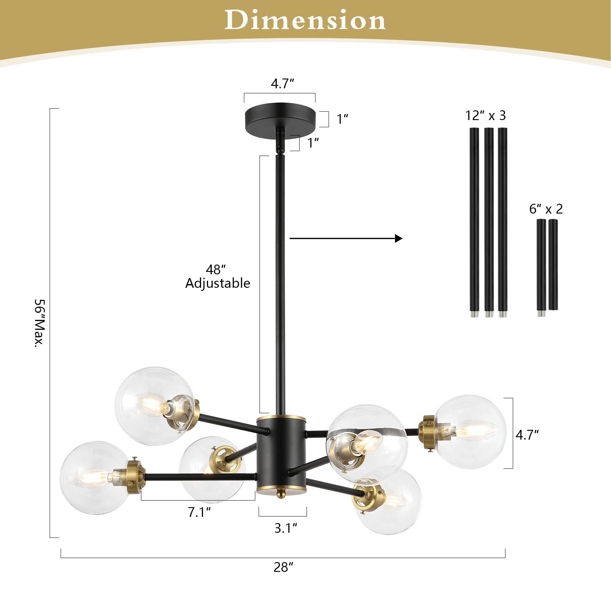 Wingbo 6-Light Sputnik Chandelier, Modern Pendant Light Fixture With 4.7" Clear Glass Globe Shade For Flat And Slop Ceiling, Height Adjustable For Kitchen Living Room Dining Room Bedroom, Black