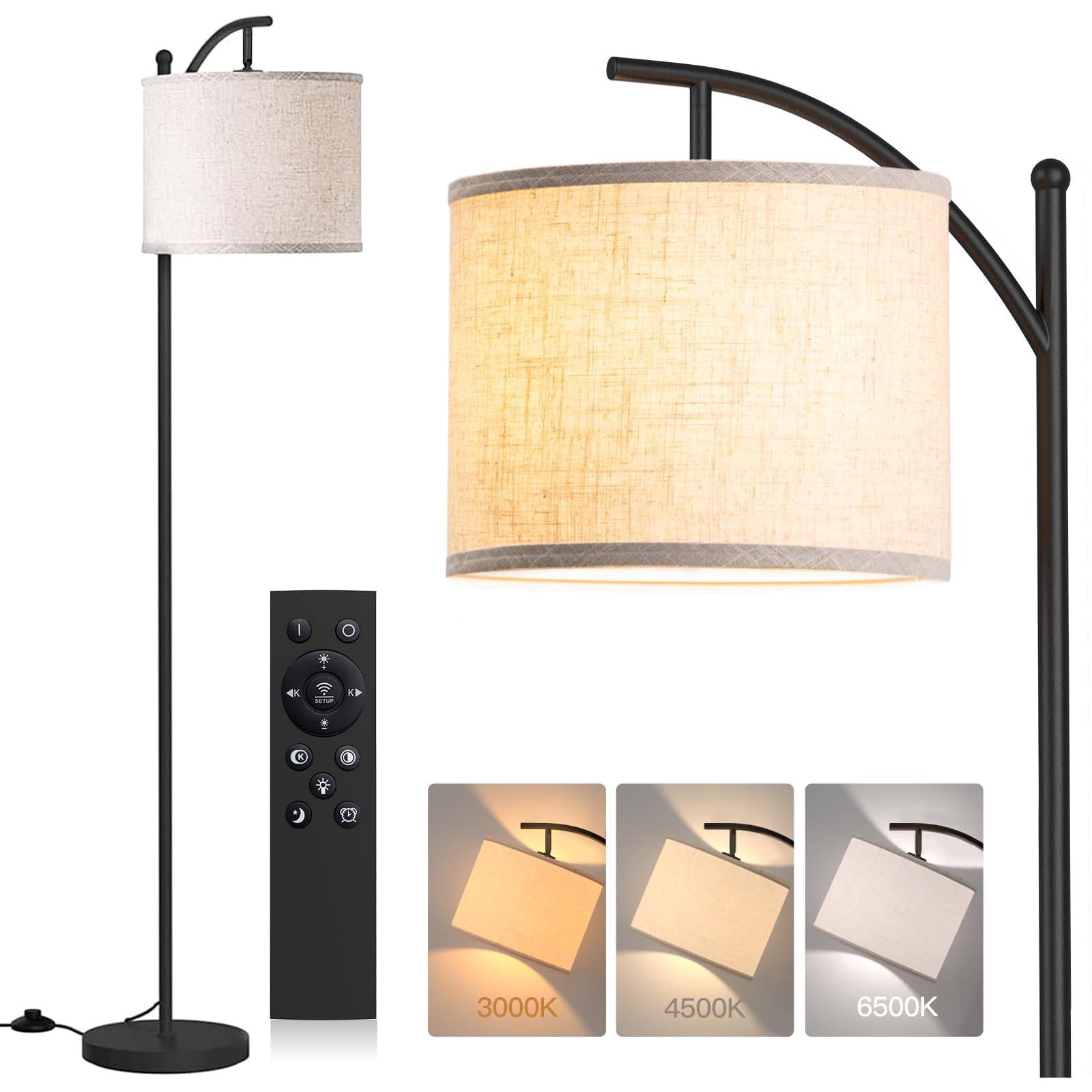 addlon Floor Lamp - Dimmable Remote Control Standing Lamp with Linen Shade, 9W LED Bulb Included, Black & Beige, Model YY-03