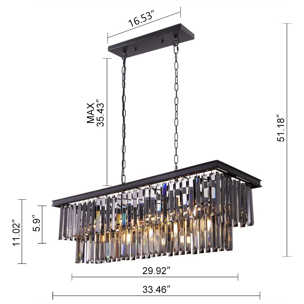 Wellmet Black Crystal Chandelier, 9-Light Modern Farmhouse Chandeliers Dining Room Lighting Fixture, Adjustable Retangle Hanging