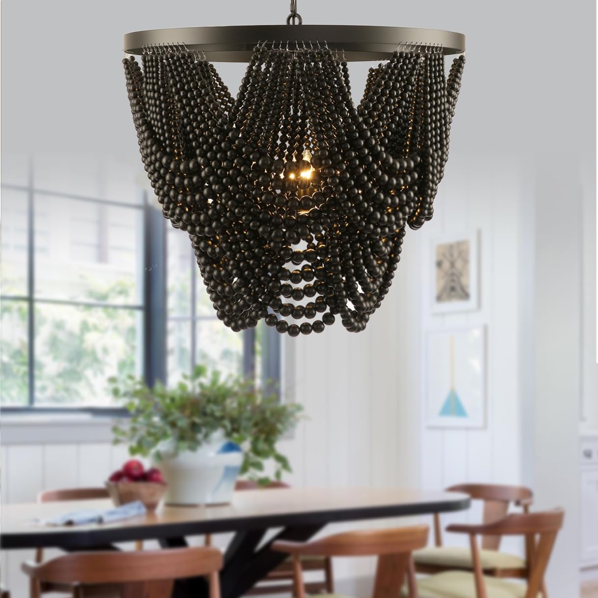 Wood Beaded Chandelier,Large 25.5 inch Boho Chandelier,Black Light Fixture Bohemia Draped Bead Rustic Farmhouse Ceiling Light Fi
