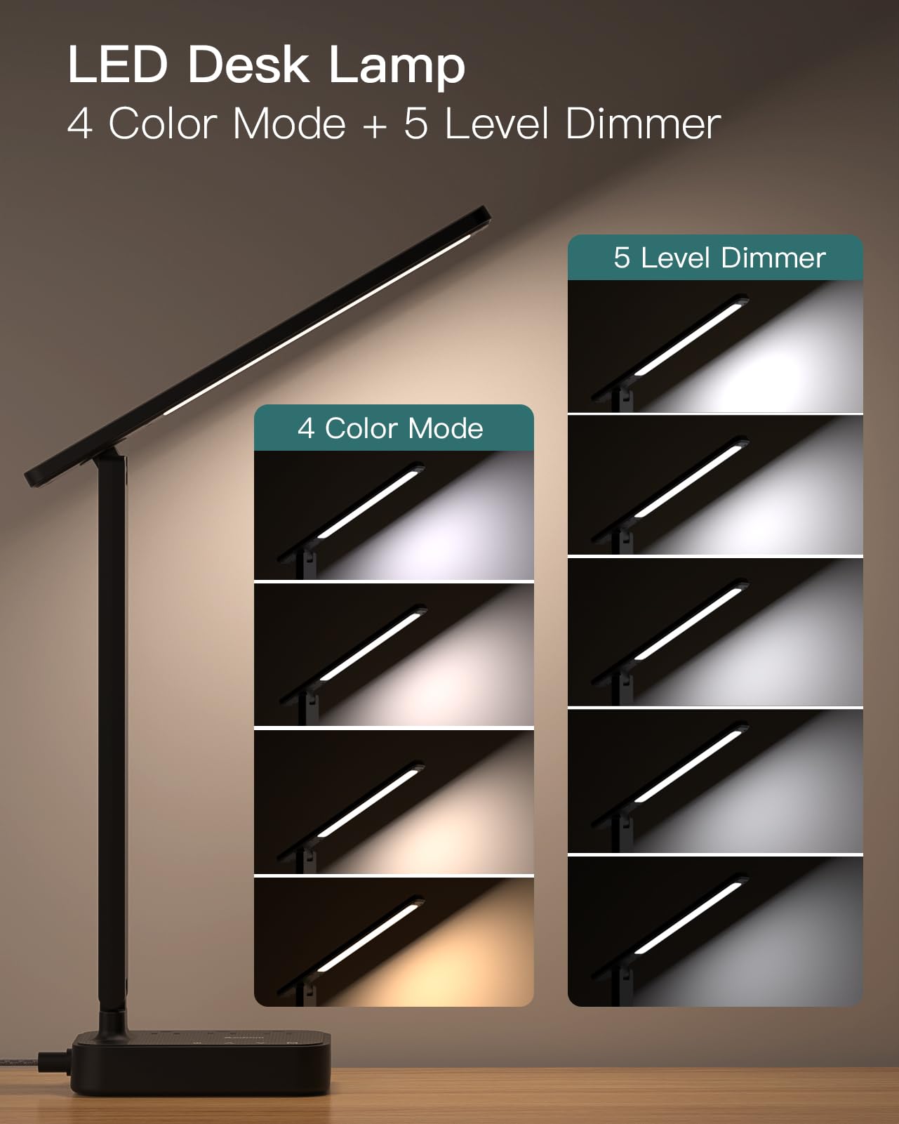 Addtam LED Desk Lamp with Power Strip, 3 Outlets & 4 USB Ports, 5-Level Brightness, Touch Control, Black, Perfect for Home Office & Dorm Room