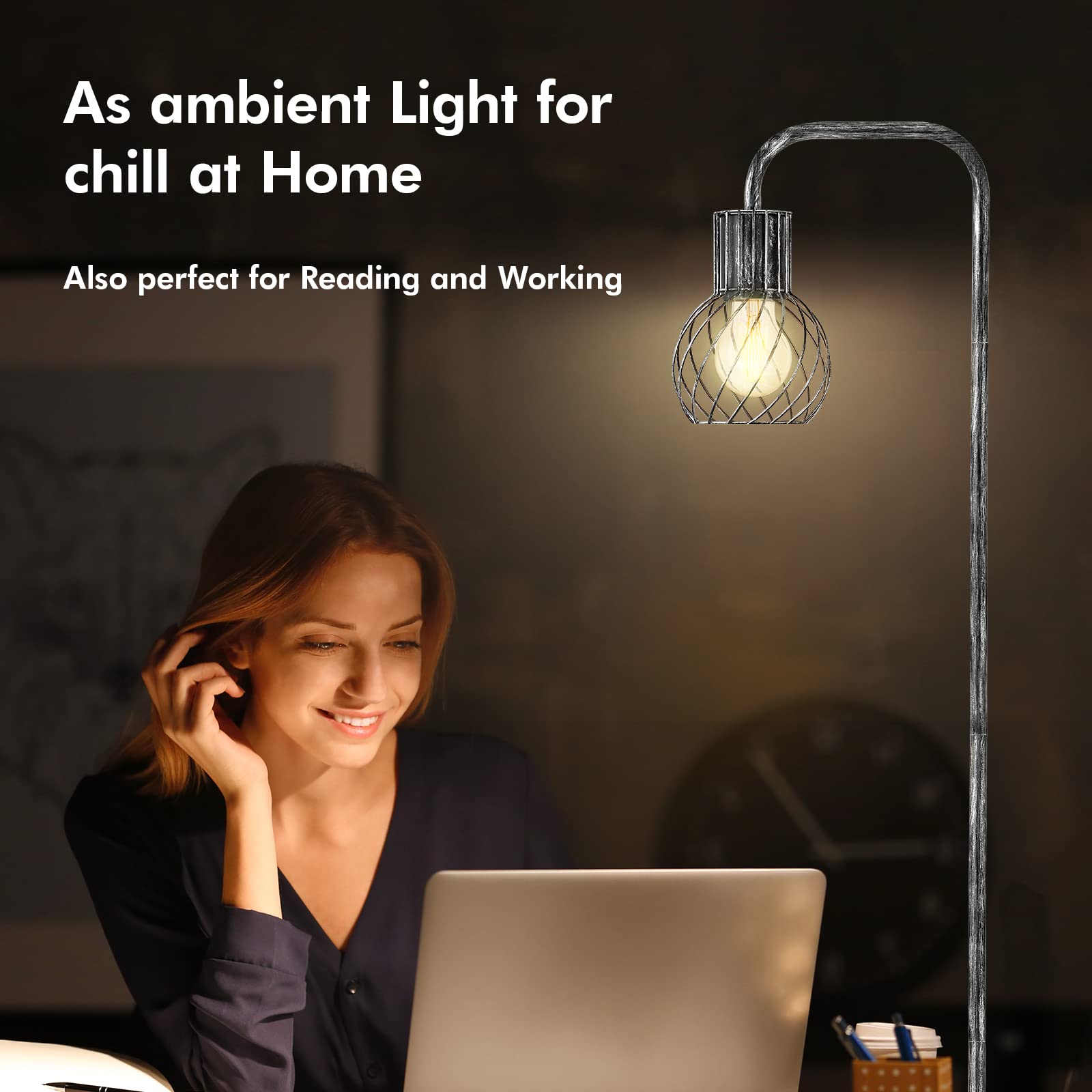 Industrial Floor Lamp, Antique Silver Standing Lamp Modern With 6W Led Bulb, Foot Switch, Metal Tall Lamps For Living Room, Bedr