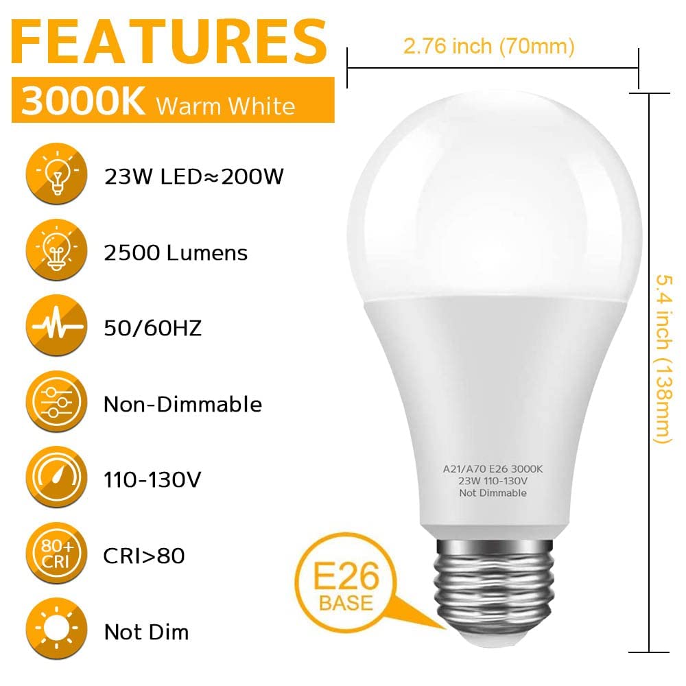 Kindeep A21 Led Super Bright Light Bulb,150-200W Equivalent 23W E26 Led Bulb, 2500 Lumens, Warm White 3000K For Your Home, Offic