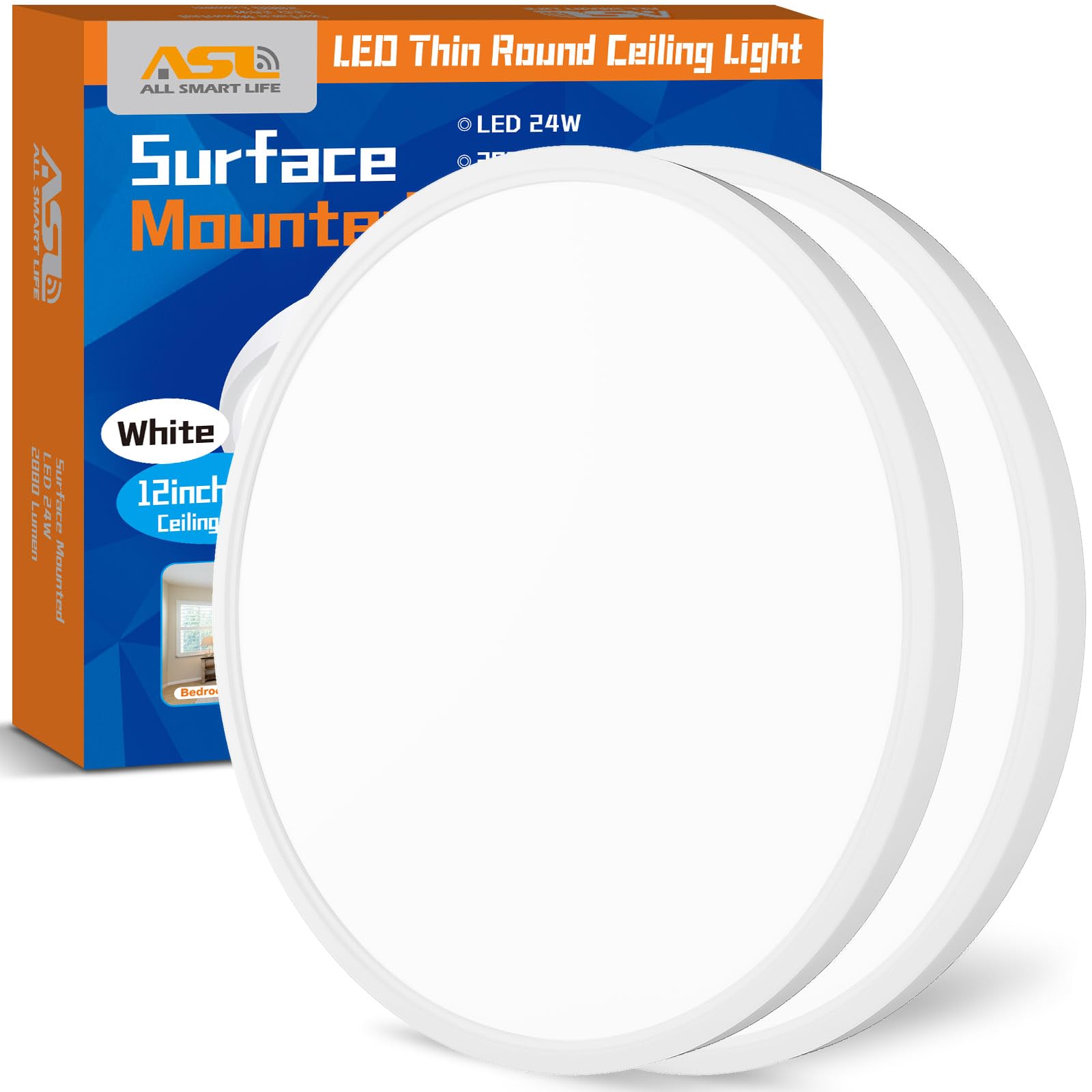 Allsmartlife Flush Mount Led Ceiling Light 2 Pack, 24W 2880lm,3000K/4000K/6500K, 12 inch Ceiling Light for Bedroom, Bathroom, La