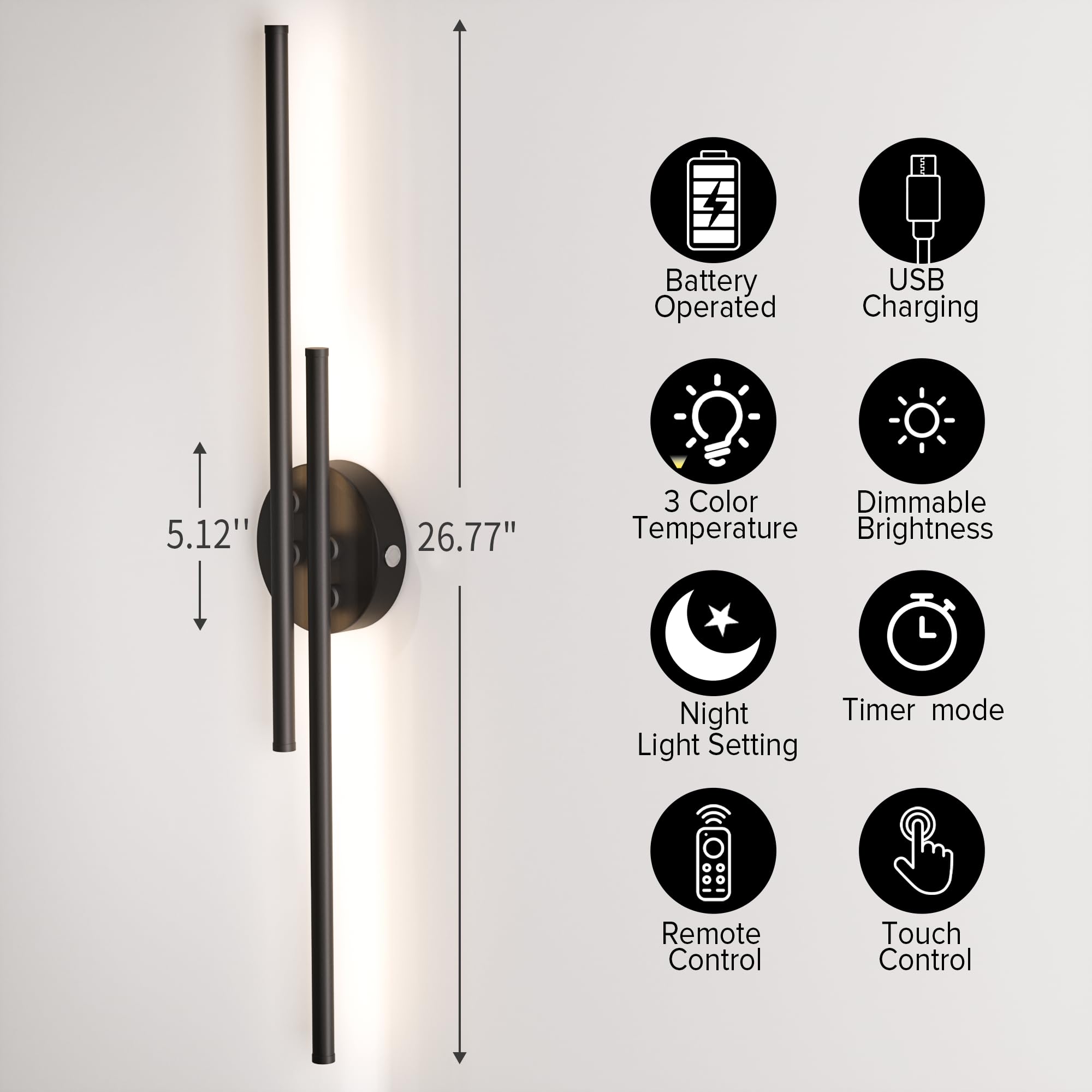 Floisdace Wall Sconce Set of Two, 8000mAh Battery Operated, Dimmable LED, 3 Colors 3000K-6000K, Wireless, Black, Model