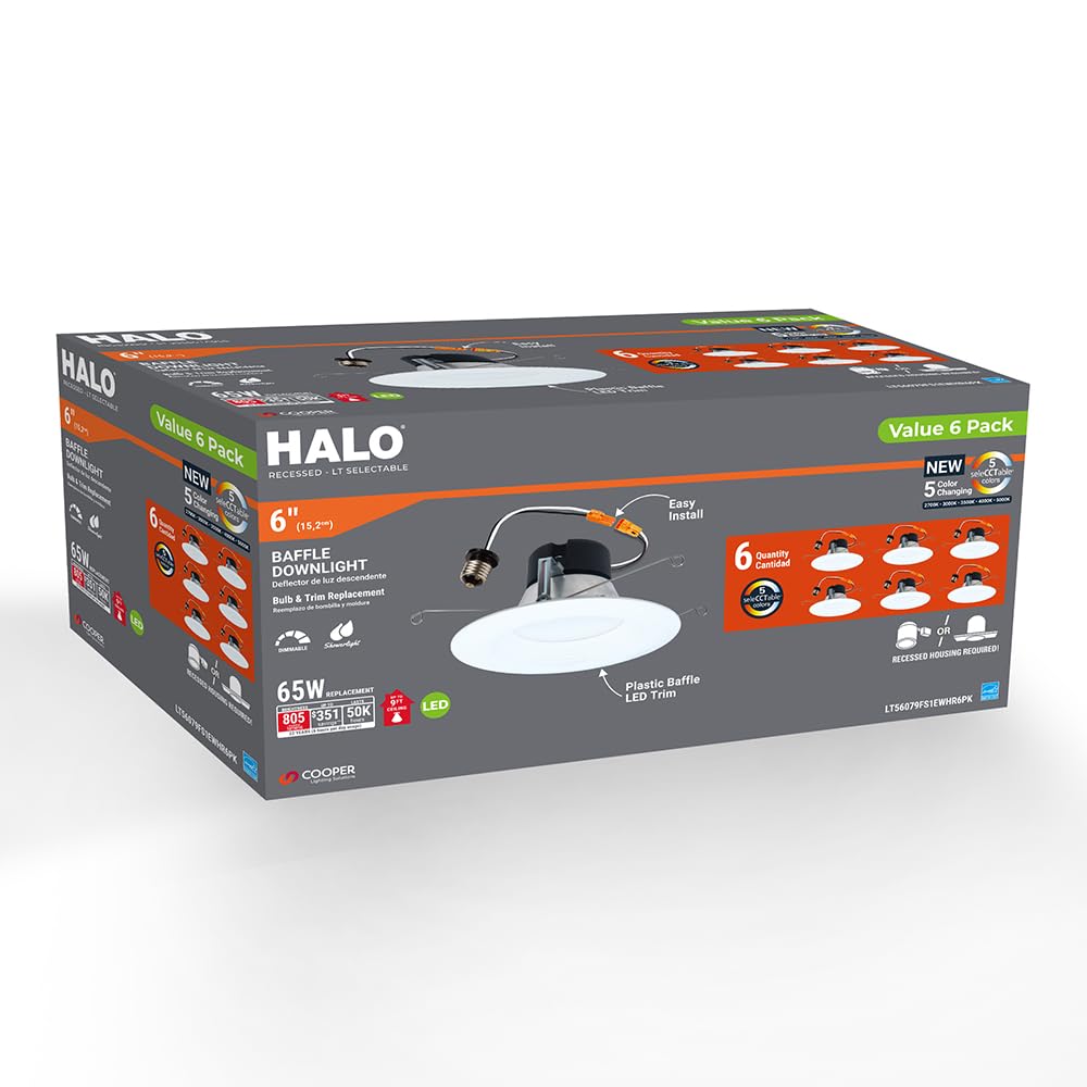 HALO LT LED Recessed Light Trim, 5 Color Temps, Dimmable, 5 Inch, Aluminum, 6-Pack - Model LT56079FS1EWHR6PK