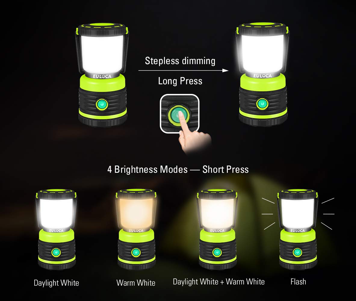 EULOCA Battery Powered LED Camping Lantern - Super Bright, Dimmable, Waterproof, Portable Flashlight for Emergency and Power Outages