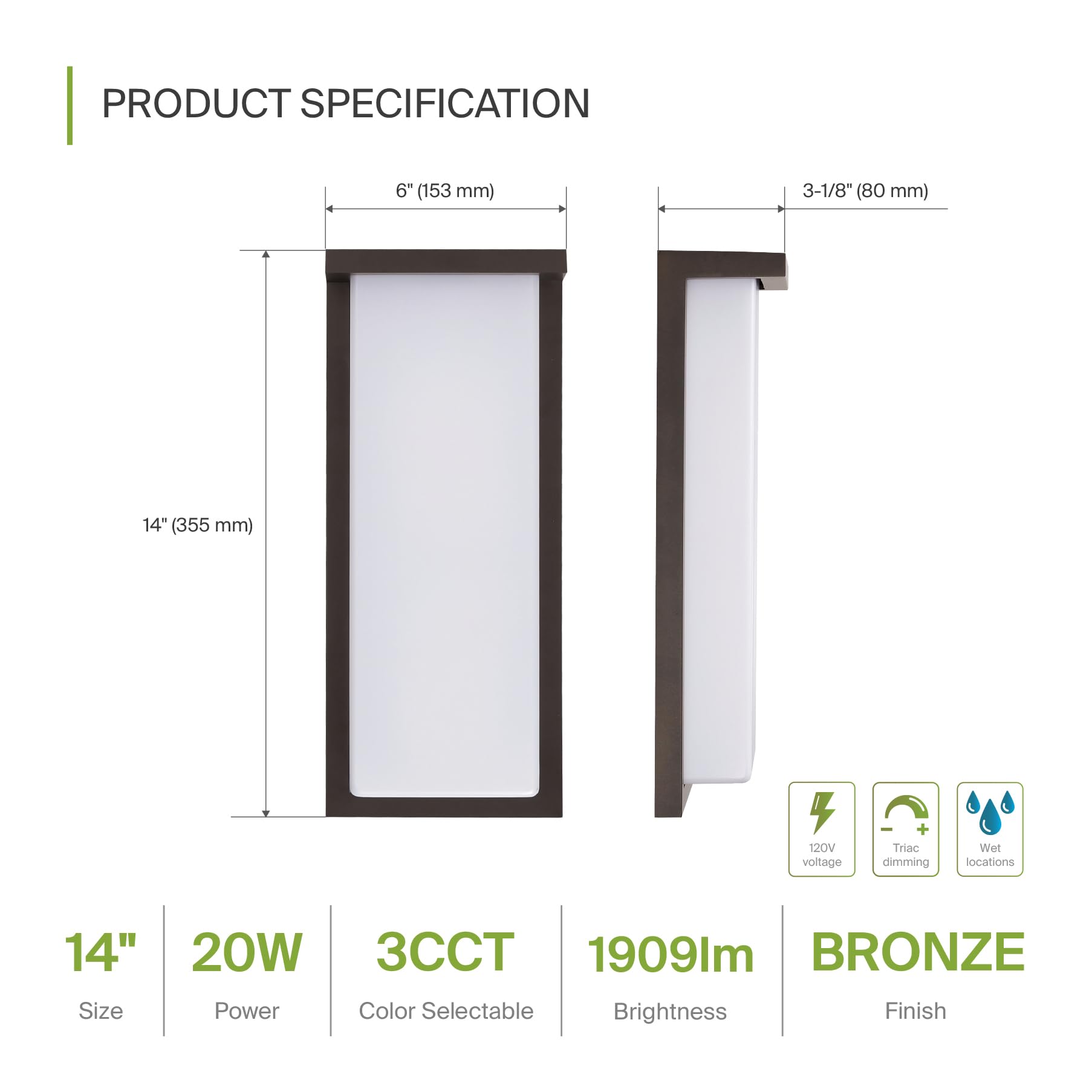 Asd Led 14'' Outdoor Wall Light, Front Door House Sconce | 3Cct, Dimmable, Waterproof, Etl Listed | 20W 1900Lm 3000-5000K 120V |