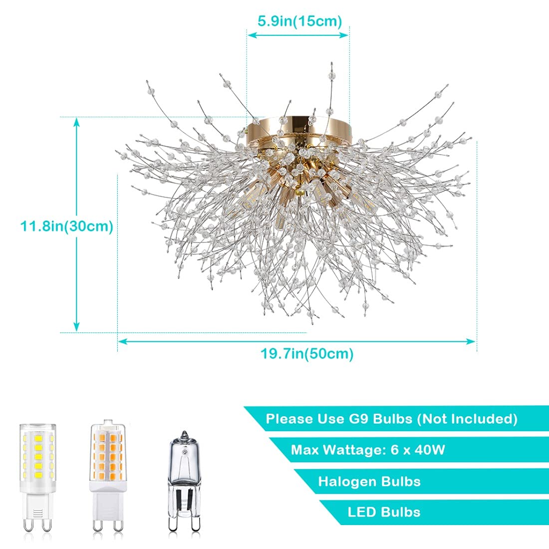 Hmvpl Flush Mount Ceiling Lights, Modern Gold Crystal Sputnik Firework Close To Ceiling Lamp Led Ceiling Lighting Fixtures For Bedroom Kitchen Island Hallway Entryway Porch Gazebo