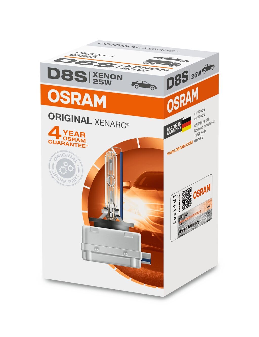 OSRAM D8S Xenon Headlight 25W XENARC, White, Model 66548