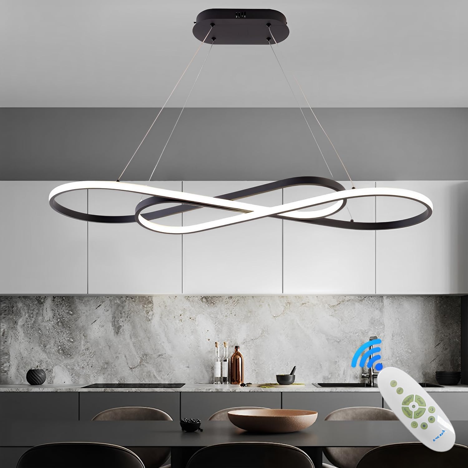 Led Chandelier,39.4Inch Modern Led Pendant Light With Remote,Dimmable Black Chandelier For Dining Room,Adjustable Height 45W Alu