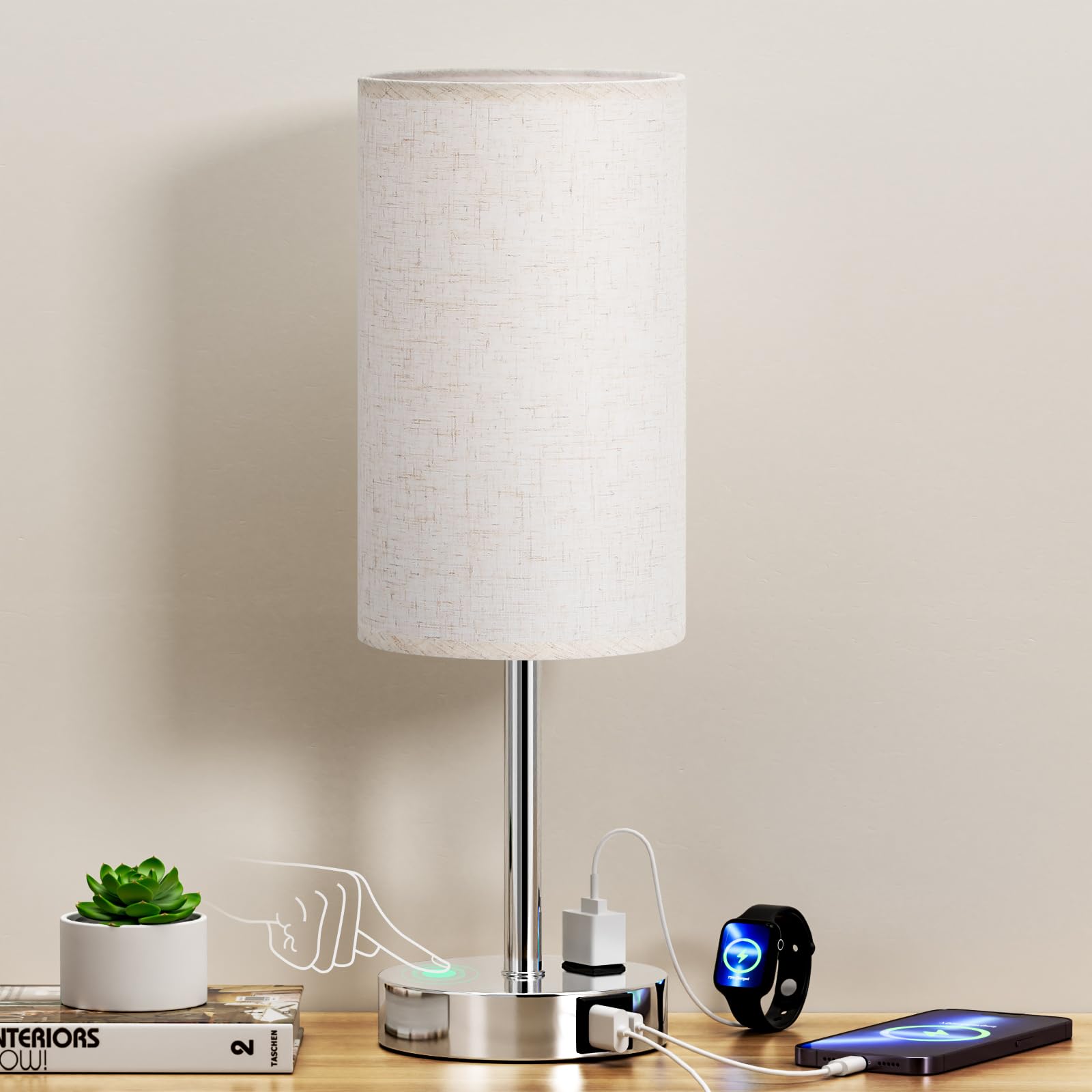 17.4Inch Bedside Touch Table Lamps for Bedroom Nightstand with USB-C USB-A Charging Ports White - 3 Way Dimmable Control Small L