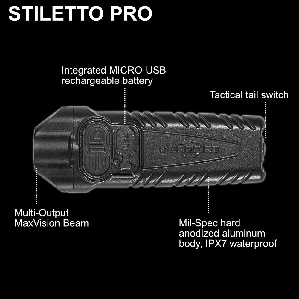 SureFire Stiletto PRO PLR-B Rechargeable 1000 Lumen LED Pocket Flashlight - Black with Lumintrail USB Wall Adapter