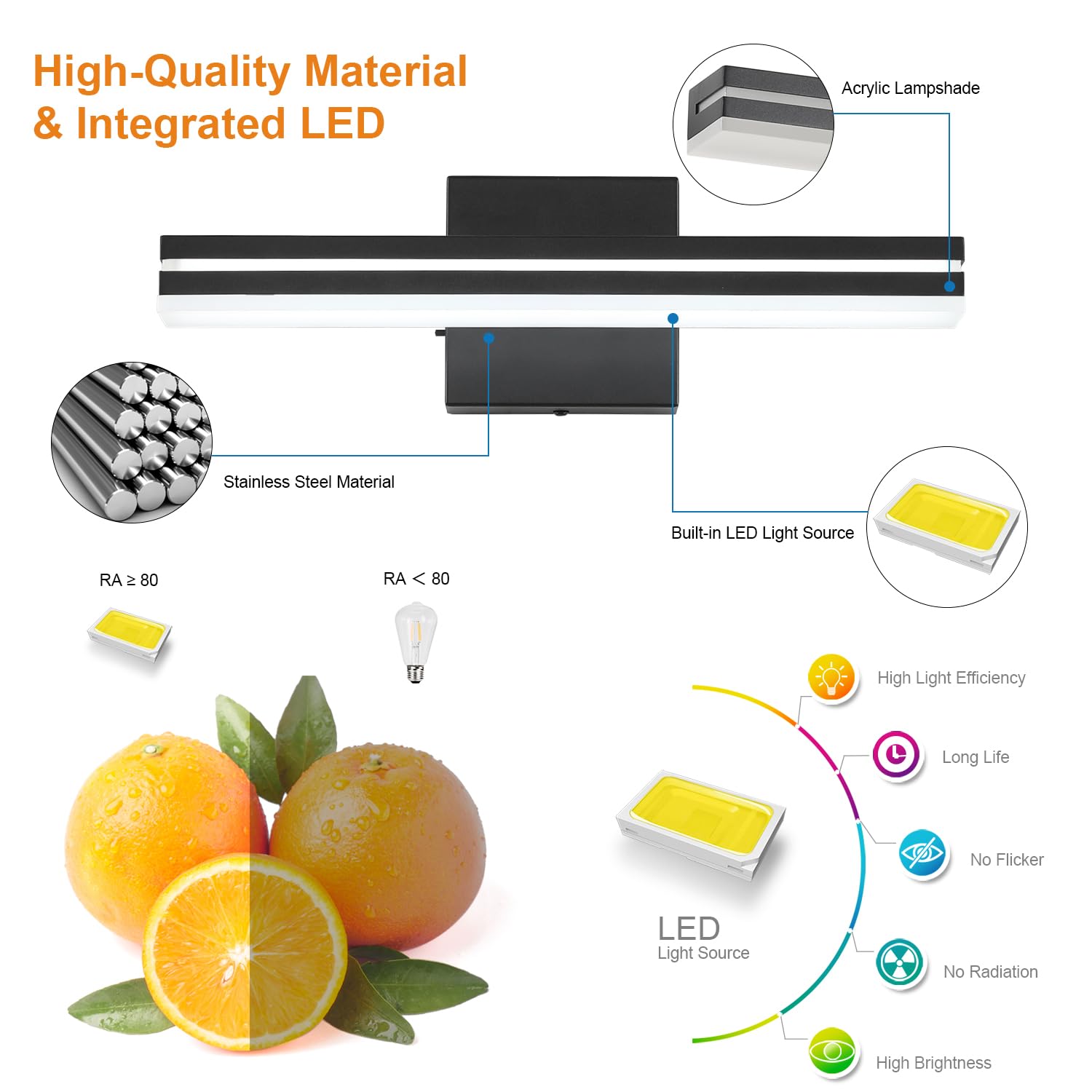 Sinerise Led Modern Bathroom Vanity Light Fixtures (16-Inch, 3000K/4000K/6000K, Dimmable), Matte Black Modern Acrylic Bathroom W