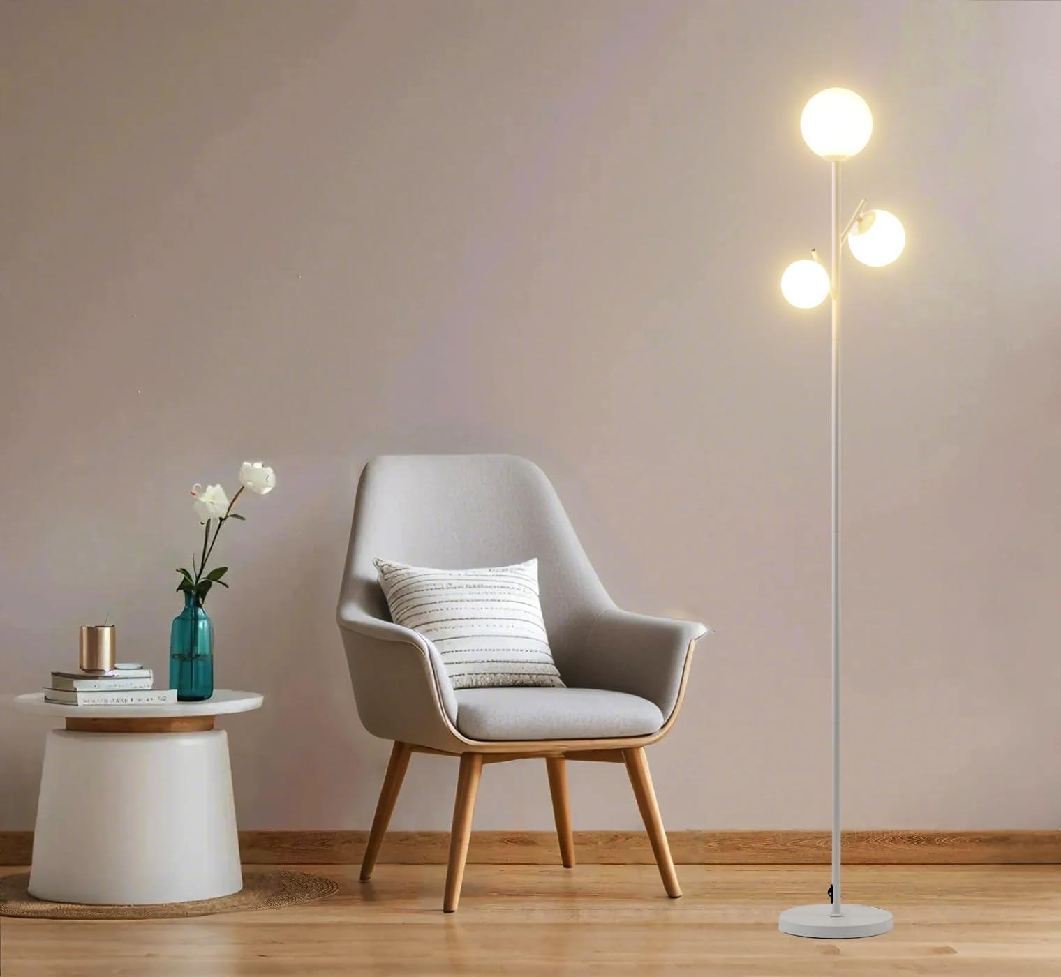 Fiqevs White Mid Century Floor Lamp - 3 Globe Led Tree Lamp For Living Room & Office