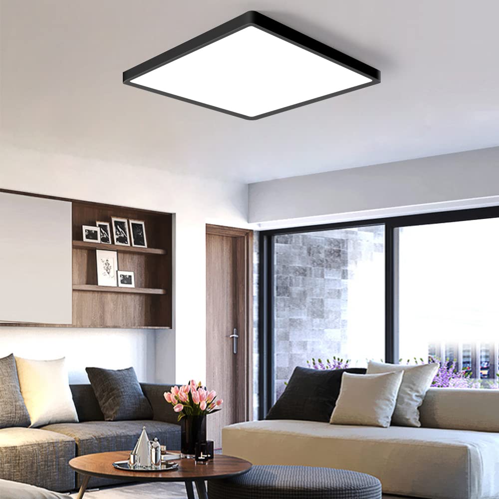 board-styletec 12inch LED Flush Mount Ceiling Light, 24W Cool White, Square Black Plastic Panel for Bedroom, Kitchen, Living Room