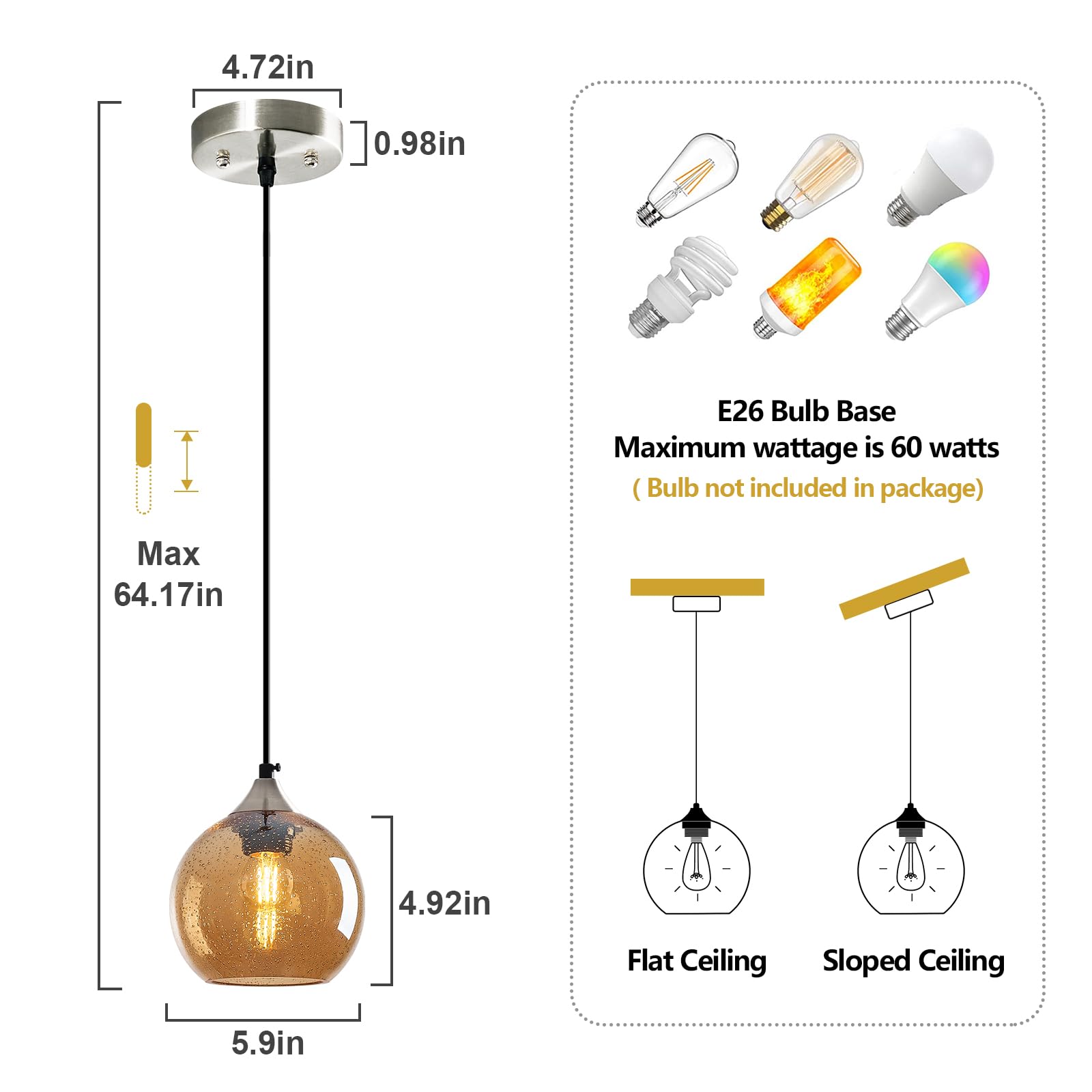 LBSQJ Amber Glass Pendant Lights, 5.9in Modern Globe Fixtures, 2 Pack for Kitchen, Bedroom, Dining Room - Model LBSQJ-460