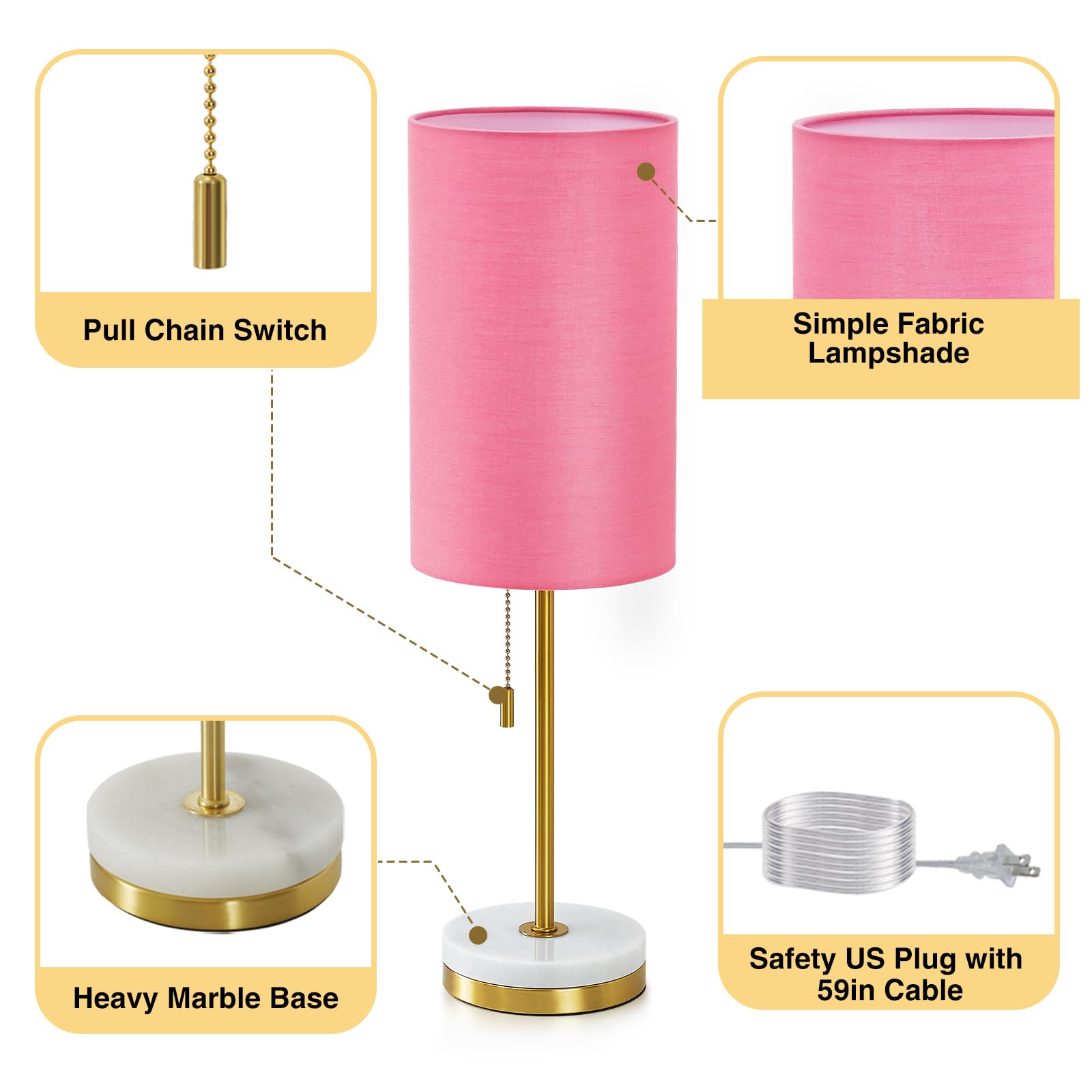 Luvkczc Minimalist Table Lamp Set of 2, Metal & Fabric, Pull Chain, Marble Base, Pink & Gold, Model 066