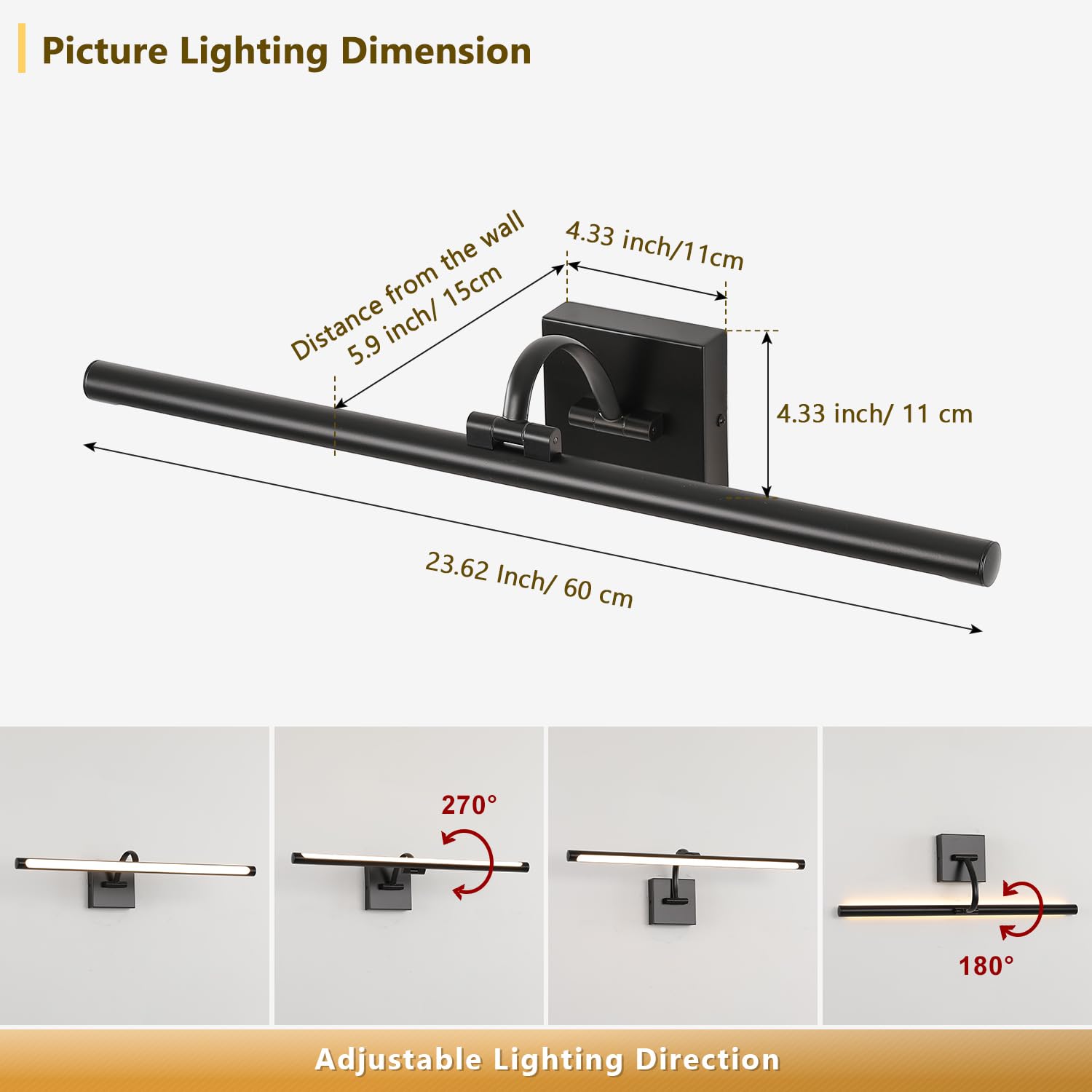 DESOOP Black LED Picture Light 23.62" Dimmable Acrylic Wall Art Lighting Model 7115