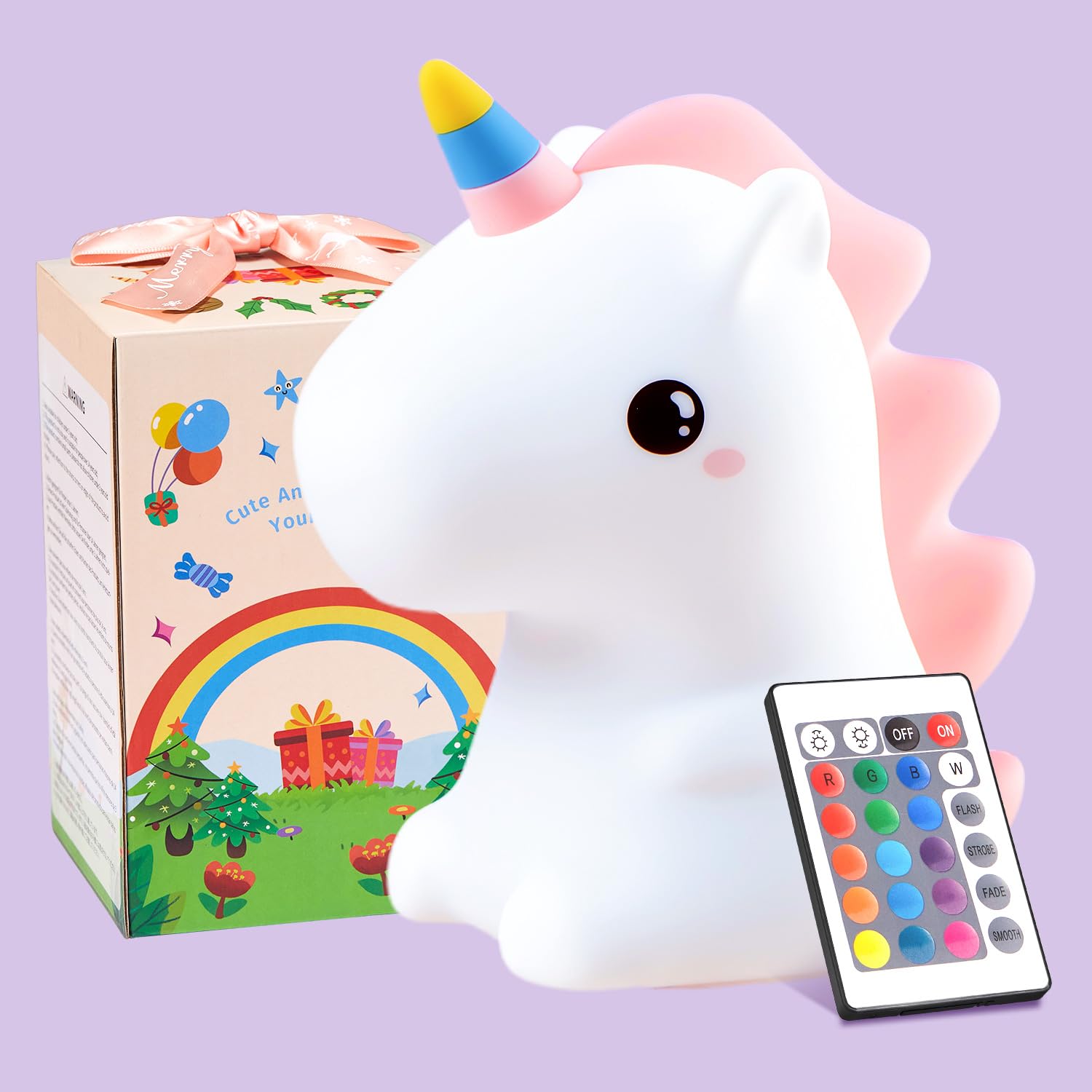 One Fire Unicorn Night Light for Kids, Remote Control, 16 Colors, Silicone, Model WH-a28, Pink