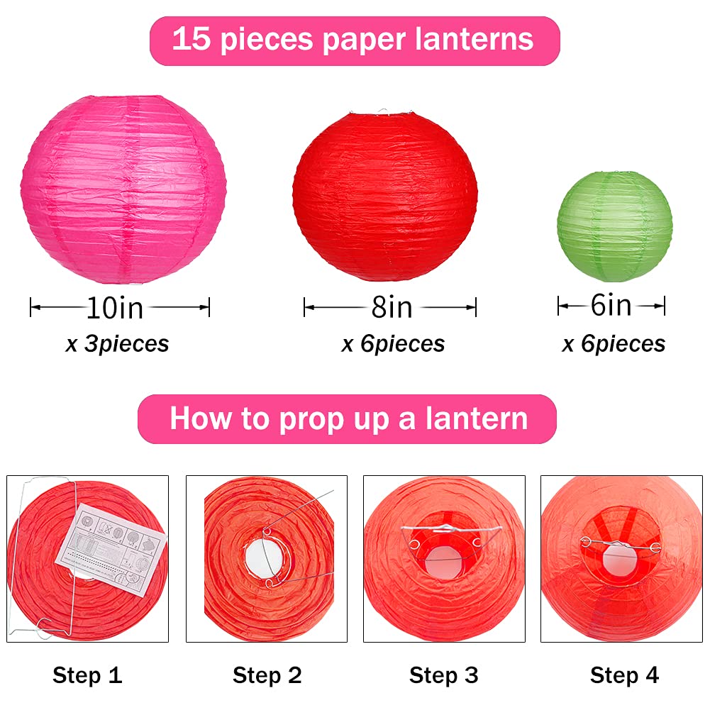 zilue Paper Lanterns 15pcs, Round Hanging Decorative Lanterns, Colorful, for Wedding and Party, Model PL1003