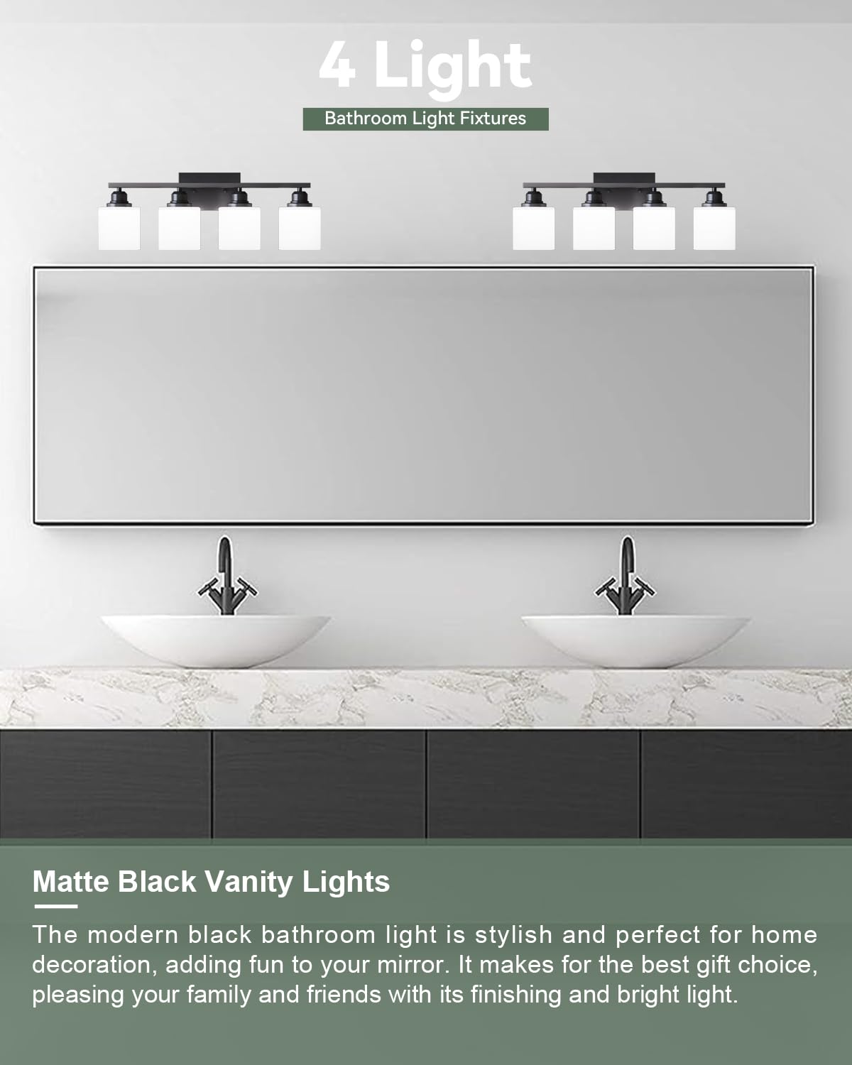 Sailstar Vanity Light Fixtures, 4-Light Matte Black Modern Bathroom Light, E26 Sockets, Anti-Rust Finish, Model CP-JQD-F-001