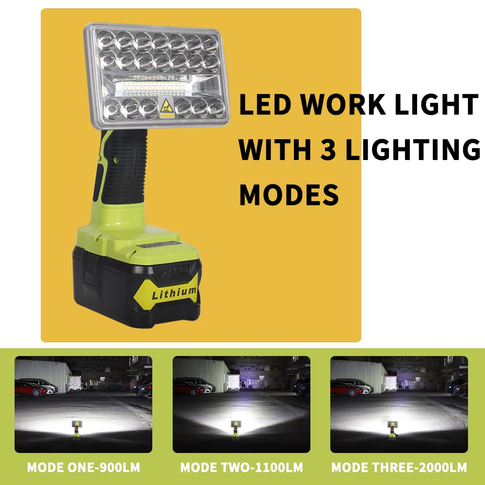 Dteztech 18W Led Work Light For Ryobi One+ 18V Li-Ion Ni-Cad Ni-Mh Battery, 2000Lm Zinc Alloy Flashlight Spotlight With 3 Light