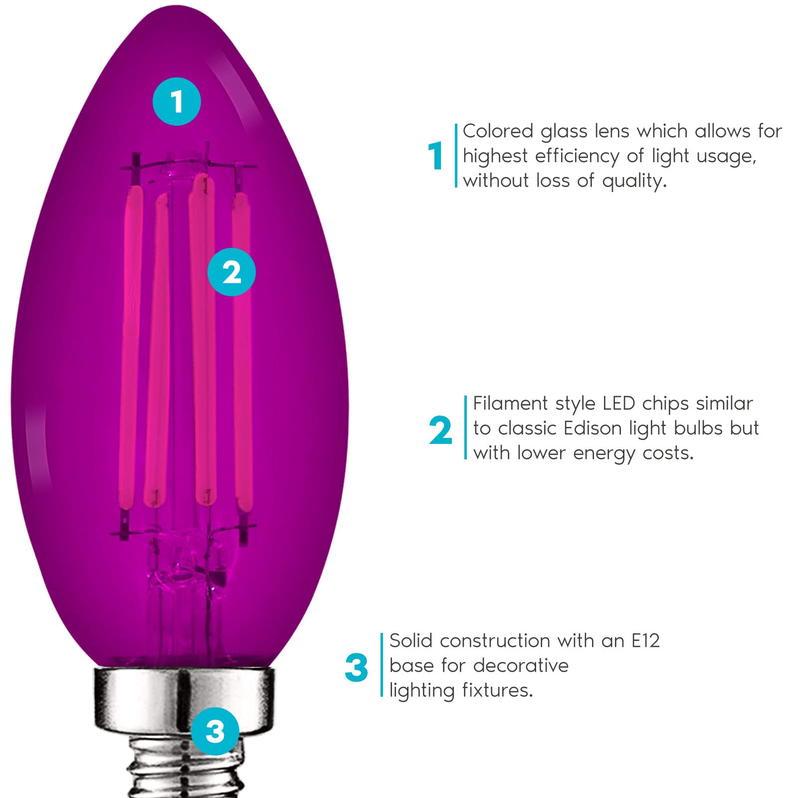 Luxrite E12 Led Filament Purple Light Bulbs, 4.5W (40W Equivalent), Colored Glass Candelabra Bulb, Ul Listed, E12 Base, Indoor O
