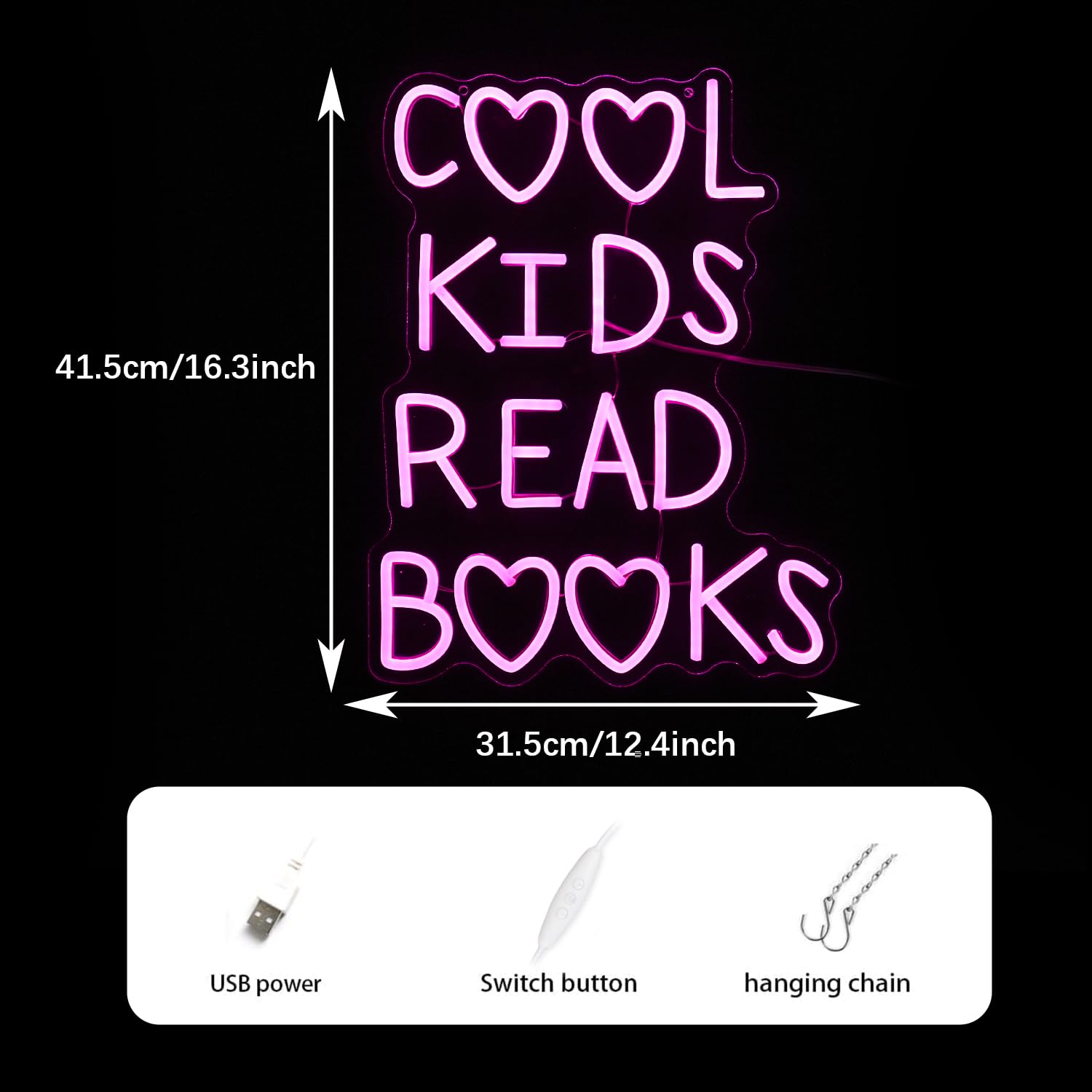 GNVETZLL Neon Sign - Cool Kids Read Books Light, Dimmable, USB Powered, Pink Acrylic, 16.3 x 12.4 In for Classroom & Kids Room Decor