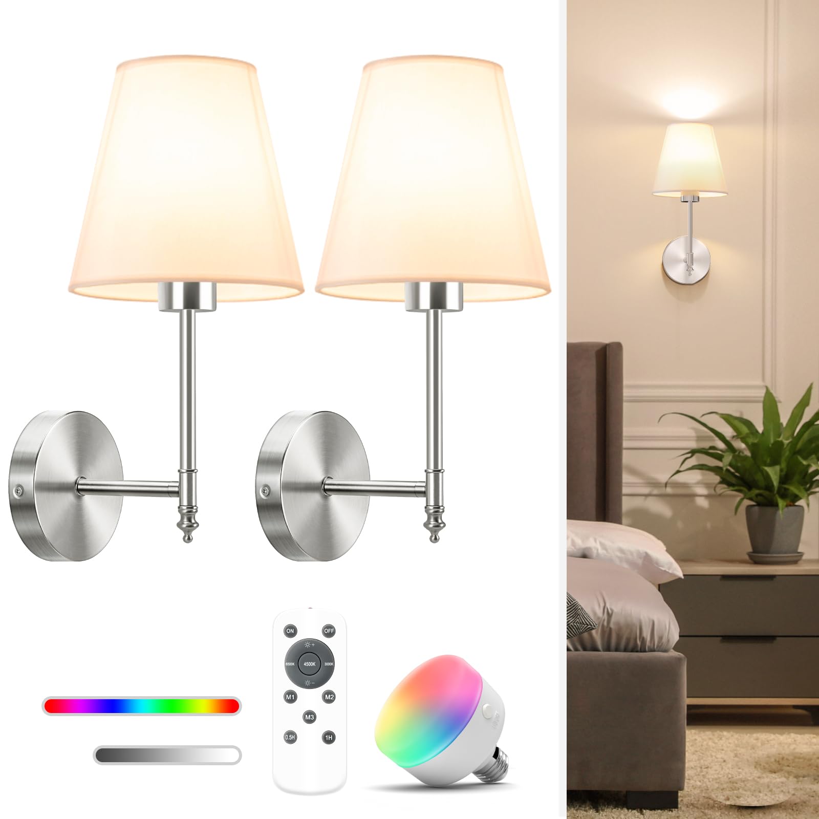 NIORSUN Wall Sconce Set of 2, 14.5 inch Brushed Nickel, Rechargeable Dimmable Bulbs, Model SW017