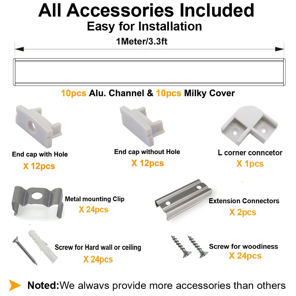 Hunhun 10-Pack 3.3Ft/1Meter U Shape Led Aluminum Channel System With Milky Cover, End Caps And Mounting Clips, Aluminum Profile