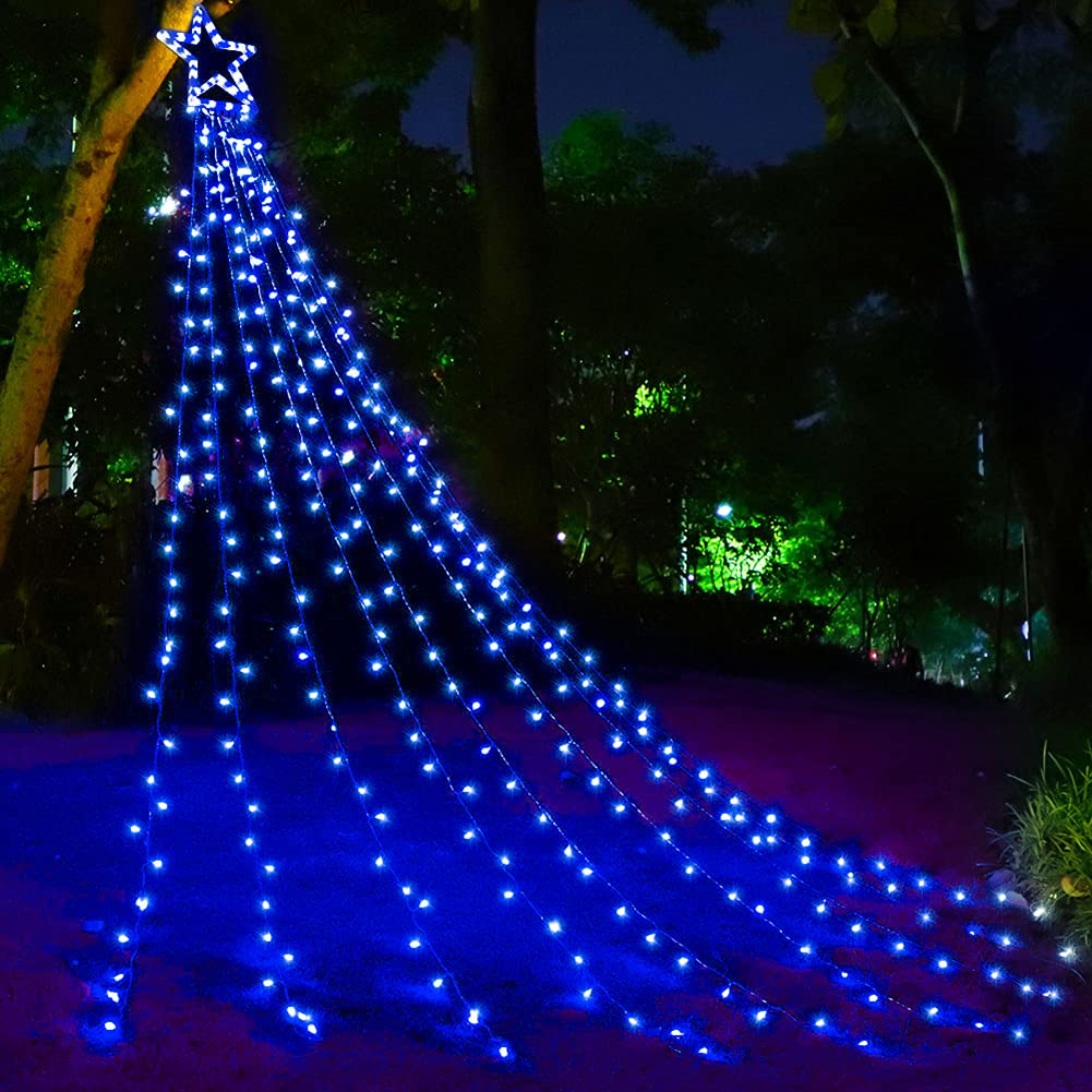 DINGFU Christmas Tree Lights, 11.5 ft, 317 LED, 8 Lighting Modes, Timer, Outdoor Decorations, Blue, Model YLC317BD01