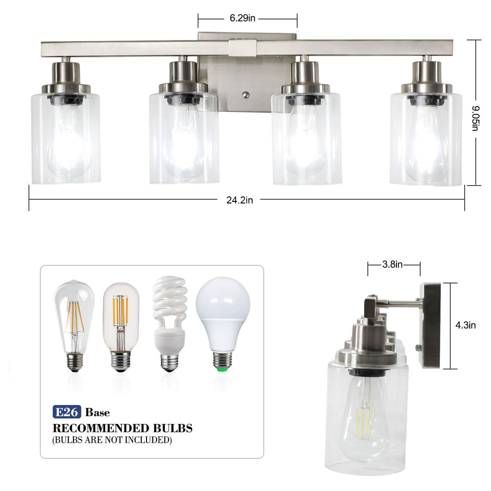 DIKAIDA Bathroom Vanity Light, 4-Light Nickel Metal Wall Sconce with Clear Glass Shade, Model NS-4