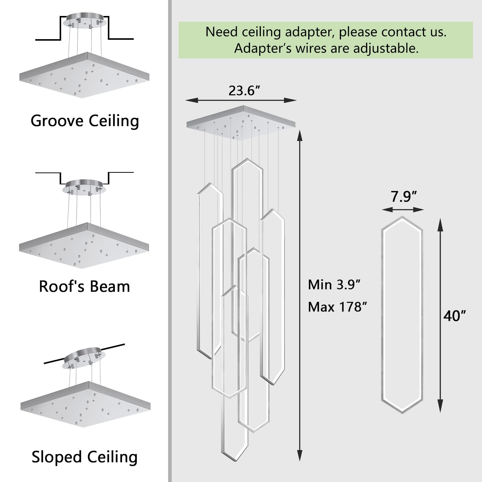 dolria 6 Rings Modern Chandelier, LED Dimmable Pendant Light, 40in x 9.4in x 138in, Silver, Model PC1015-6*100S