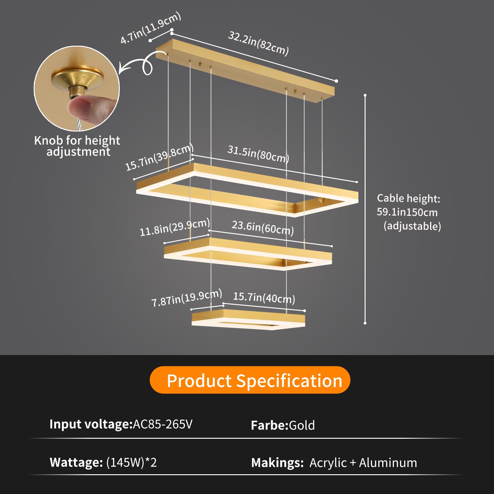 Matven Modern LED Pendant Light Fixture, 3-Ring Rectangular Chandelier, Remote Control Dimming, Adjustable Height, Gold, 15.7-31.4 inches