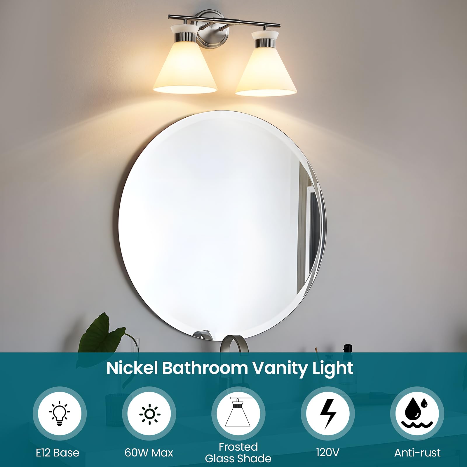 WOSHITU 2-Light Bathroom Vanity Light - Brushed Nickel with Milky White Glass Shade, Mid Century Style, Model 8090ML-02SN-US