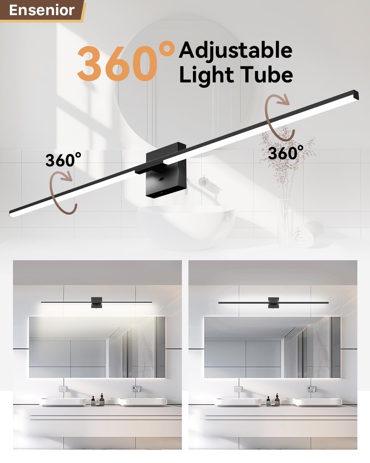 Ensenior Modern Bathroom Vanity Light 48 Inch, Built-In Dimmer, 28W Dimmable 5Cct Led Bathroom Light Fixture Over Mirror, Black