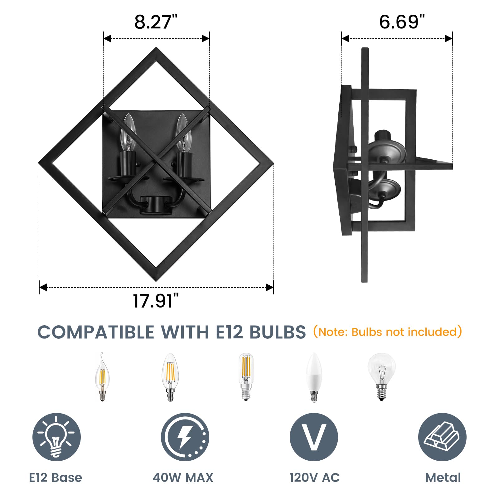 fengkeDU Farmhouse Wall Sconce, Rustic Iron Indoor Light Fixture, 17.8in, E12 Base, Black, 1 Pack