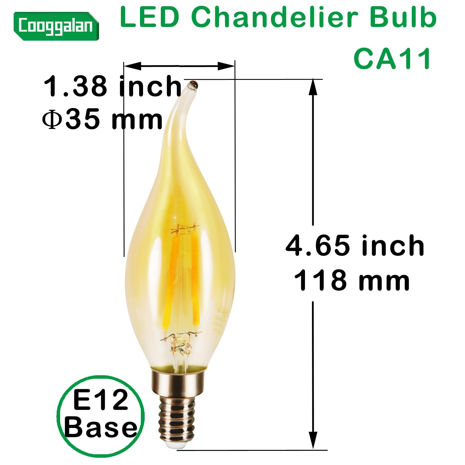 Cooggalan E12 Amber Candelabra Led Light Bulb Dimmable, 25 Watts Equivalent Flame Tip Chandelier Light Bulbs Ca11 2W, Filament D