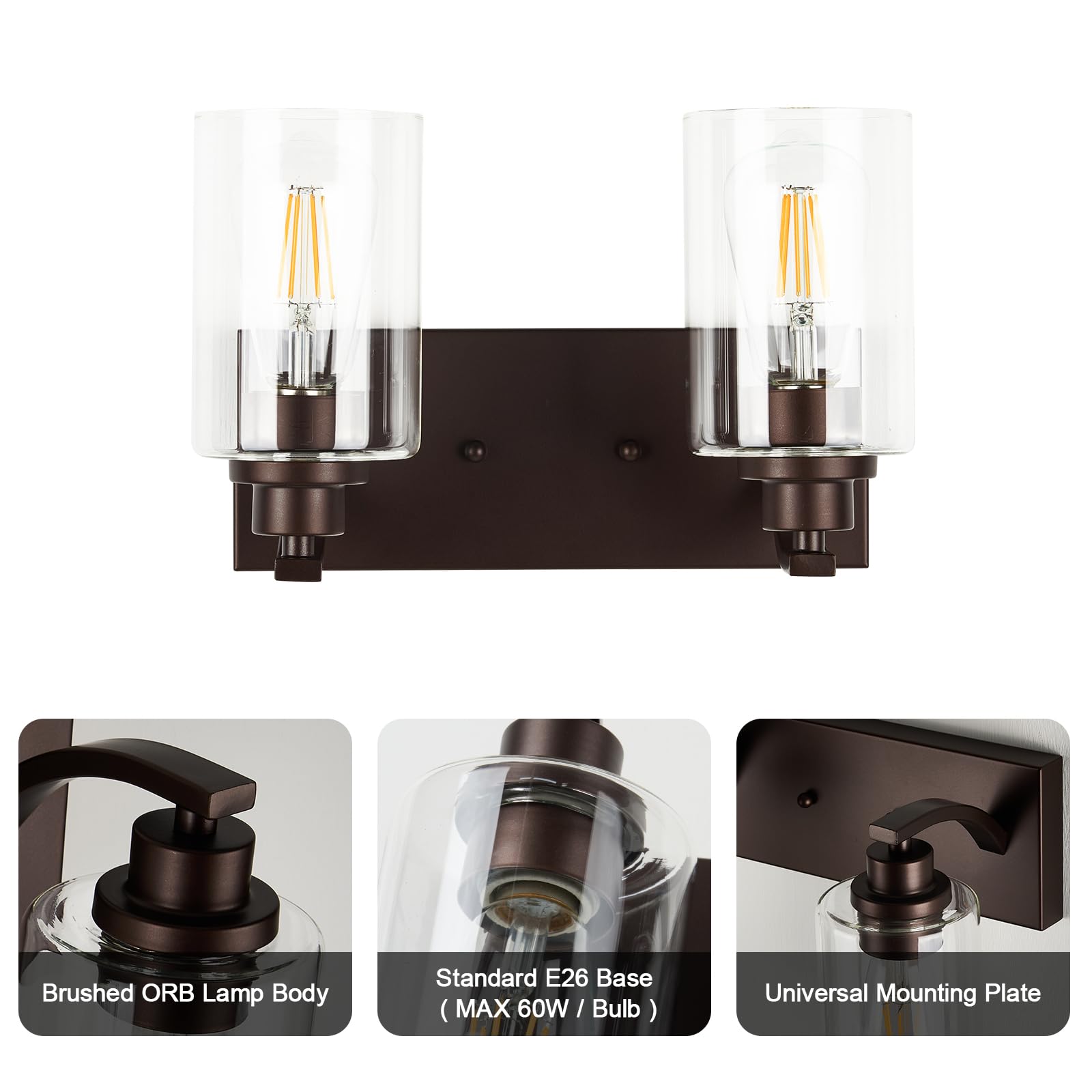 ALAISLYC 2-Light Bathroom Vanity Light Fixtures, Modern Bronze Metal, Clear Glass Shade, Model JF116, Ideal for Mirror and Hallway